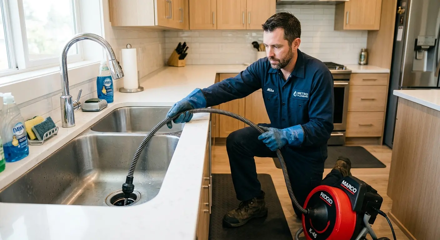 Drain cleaning technician using a motorized snake on a kitchen sink in Lafayette