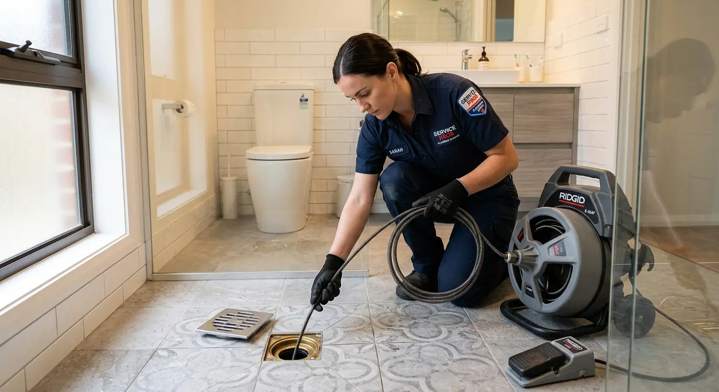 Technician clearing a bathroom floor drain for Drain Cleaning in Lafayette